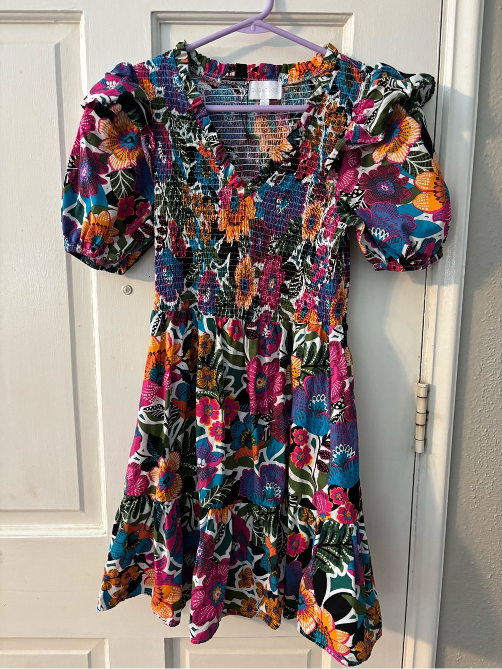 SUGARLIPS Floral Smocked Puff Sleeve Fit & Flare Dress Square Neck Size S